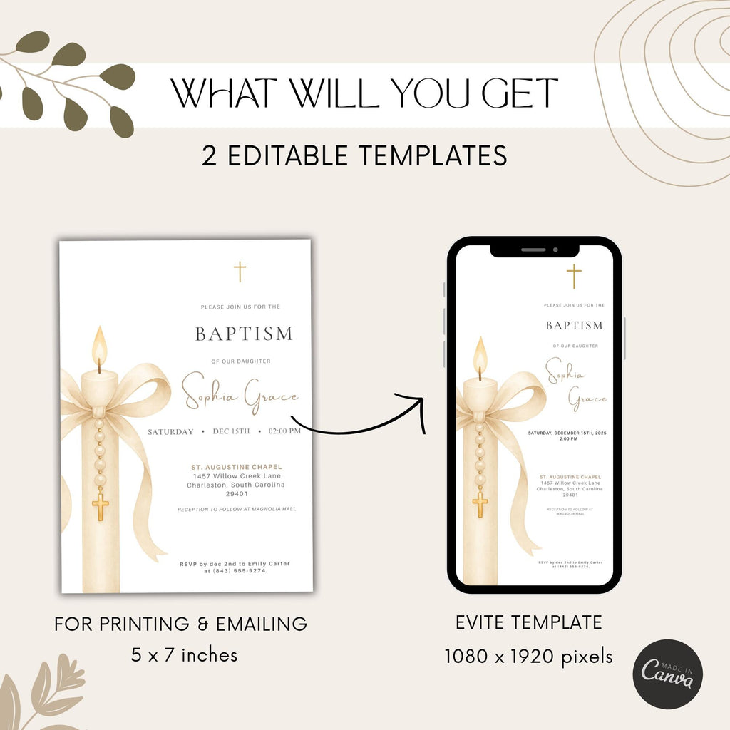Gold Candle Baptism Invitation