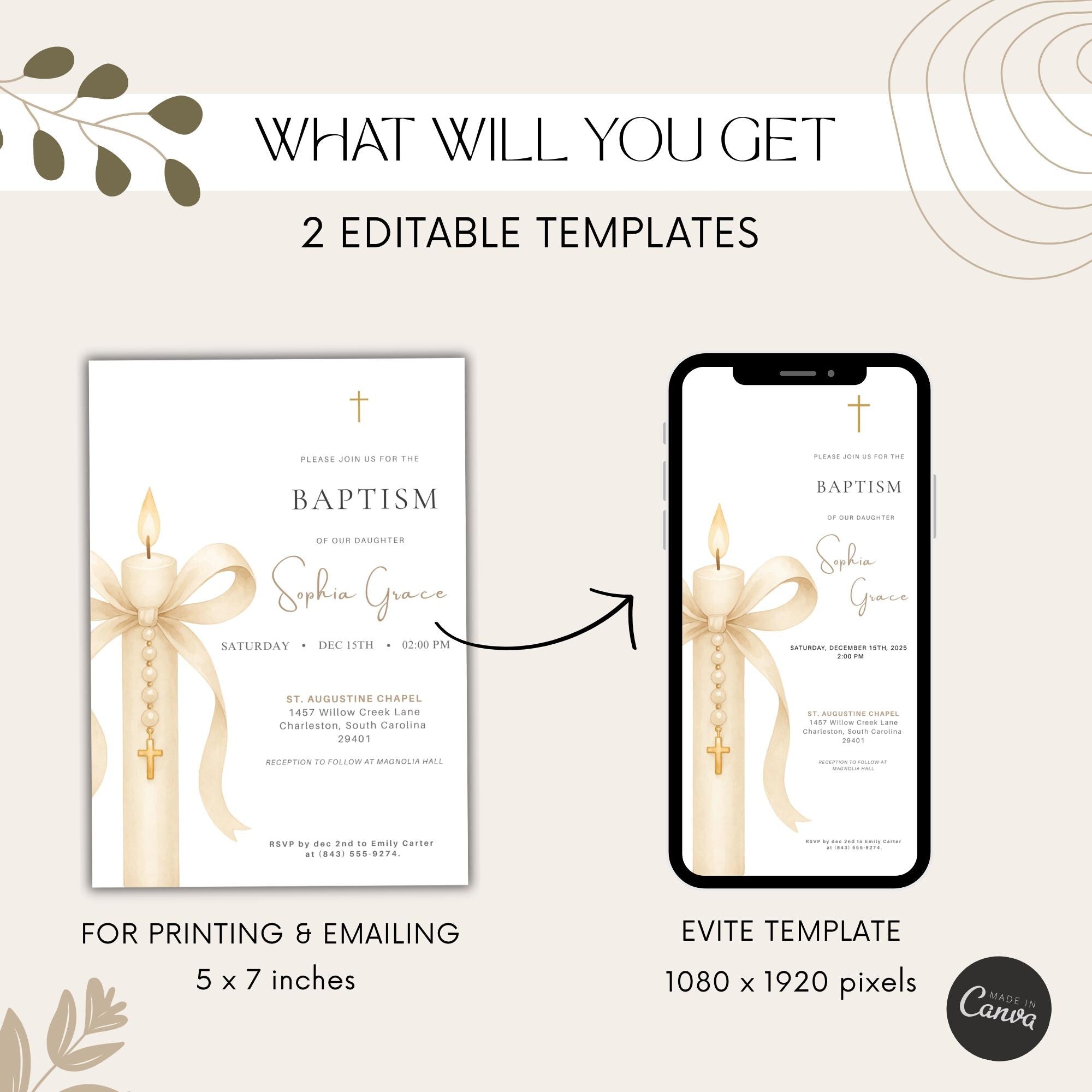 Gold Candle Baptism Invitation