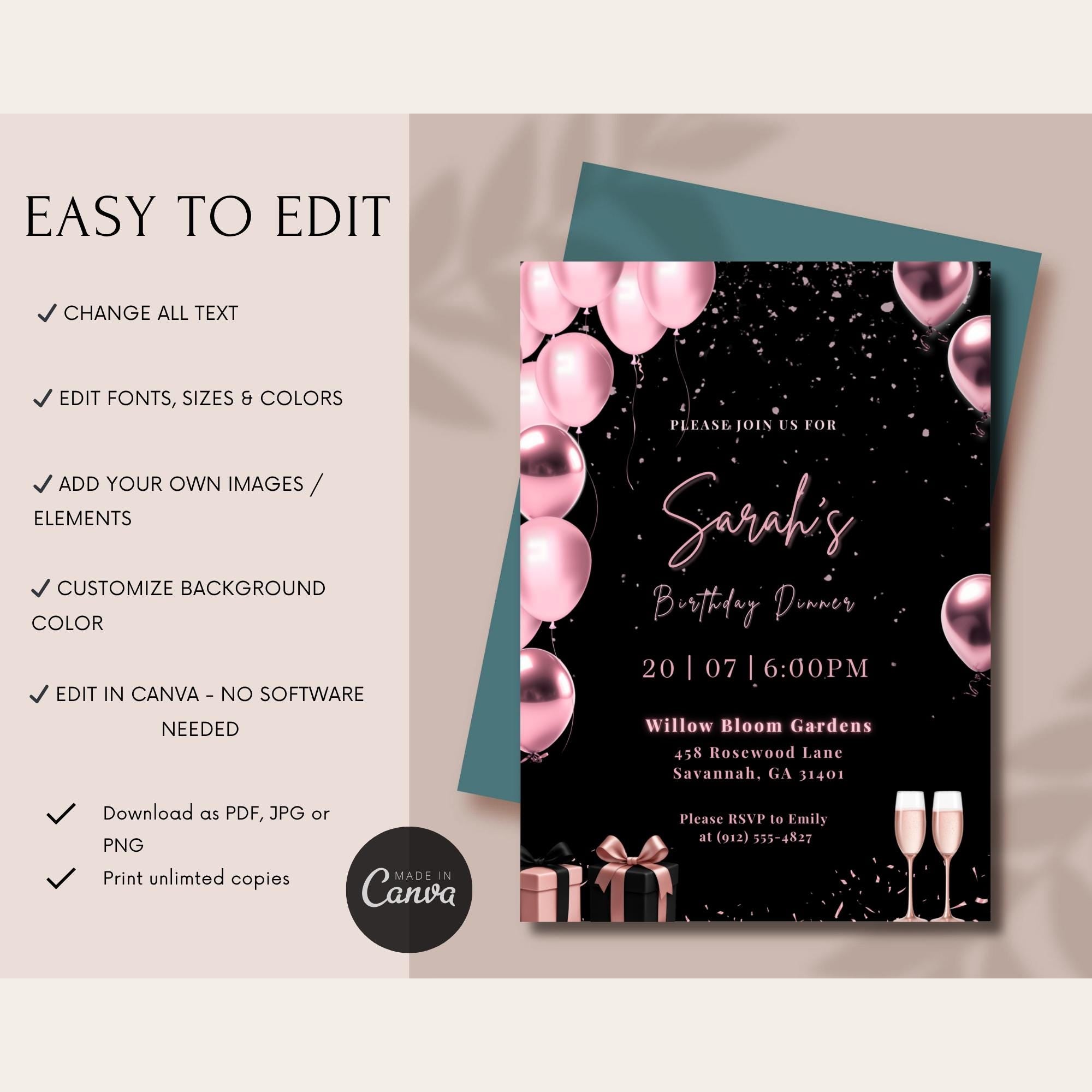 Rose Gold & Pink Balloon Birthday Dinner Invitation