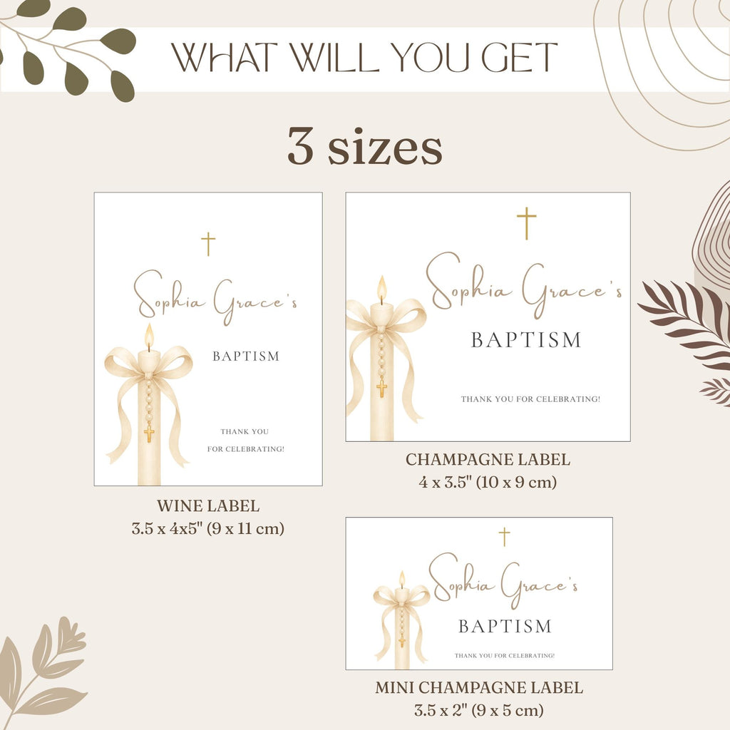 Gold Candle Baptism Wine Bottle Labels
