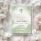 Elegant Green Watercolor Baptism Invitation