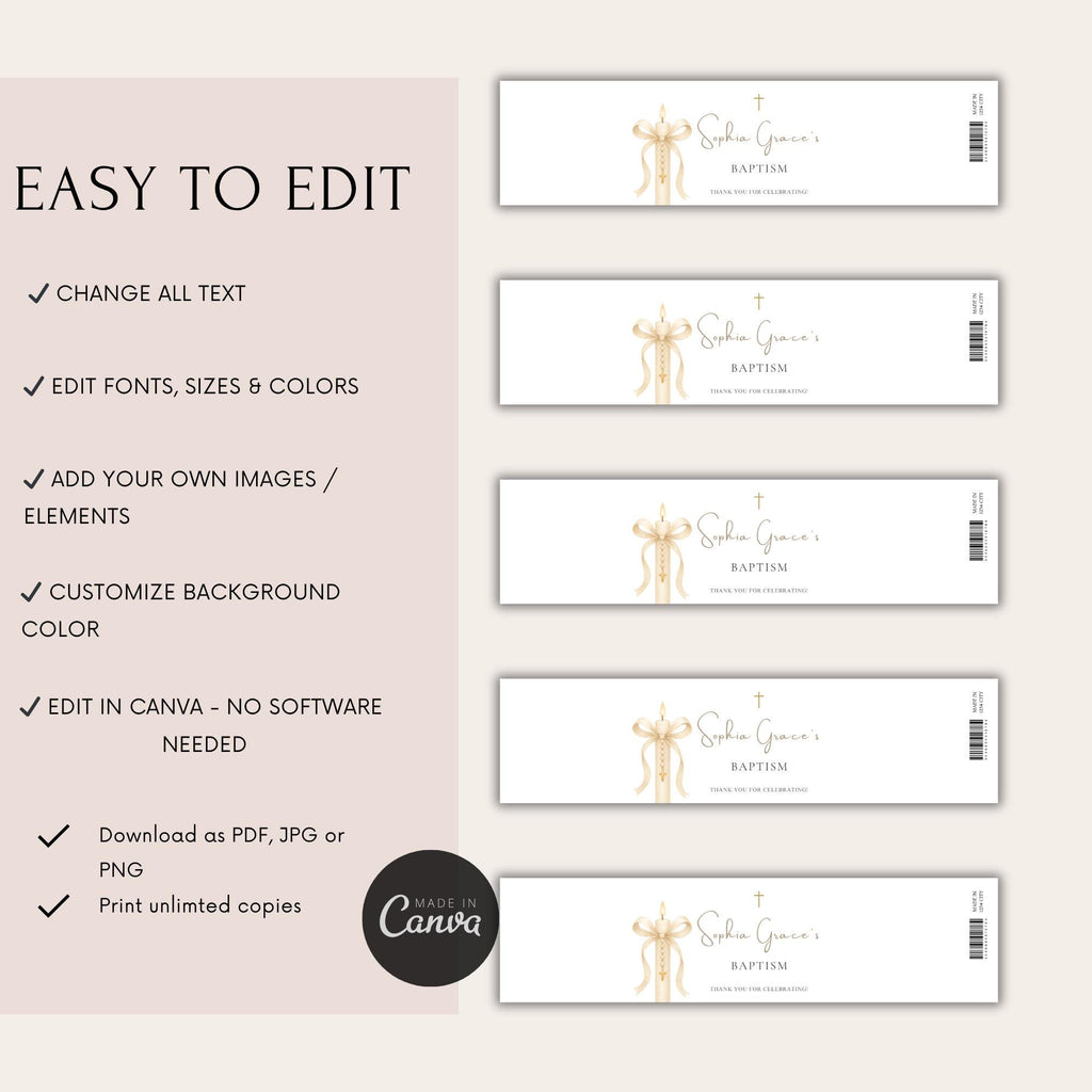 Gold Candle Baptism Water Bottle Labels