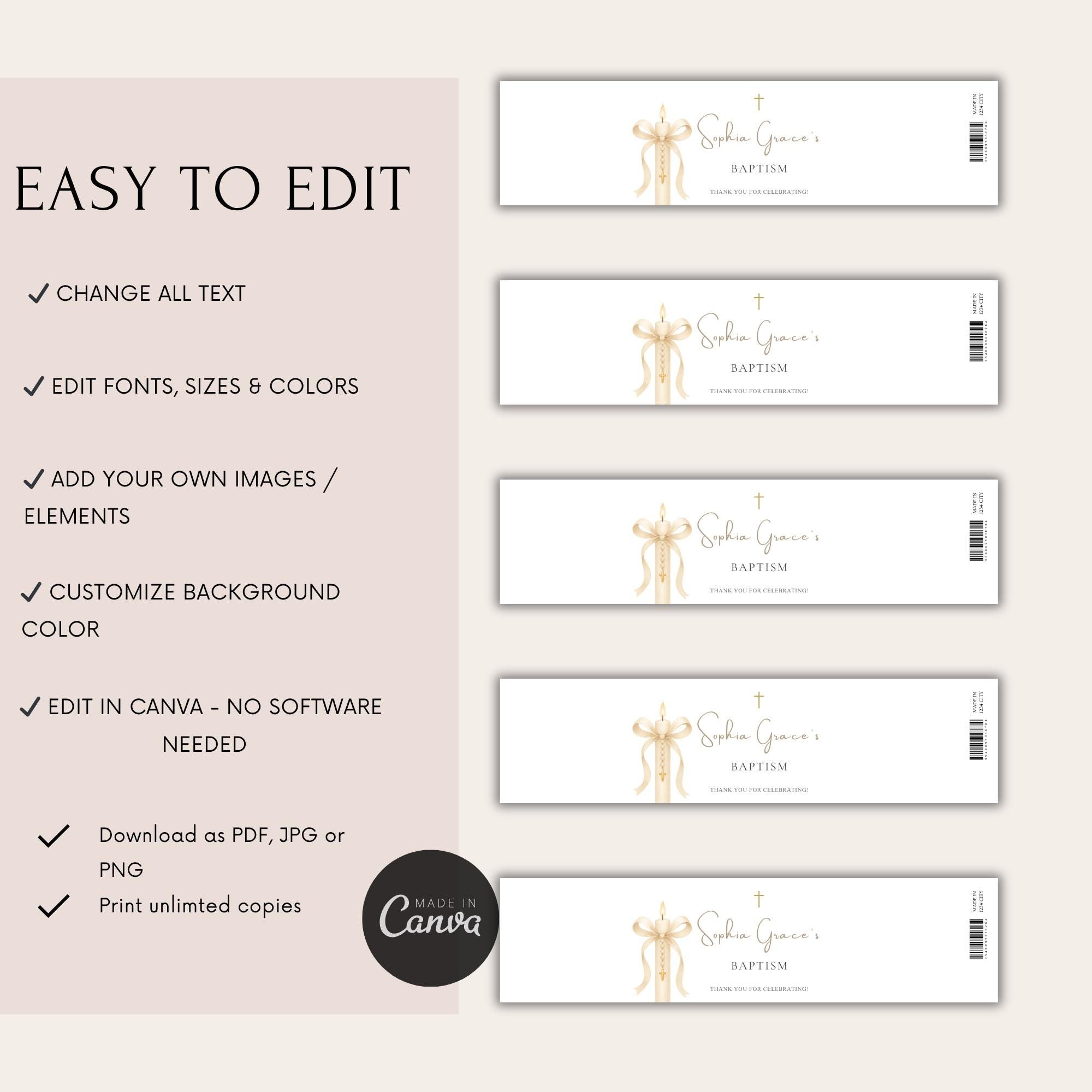 Gold Candle Baptism Water Bottle Labels