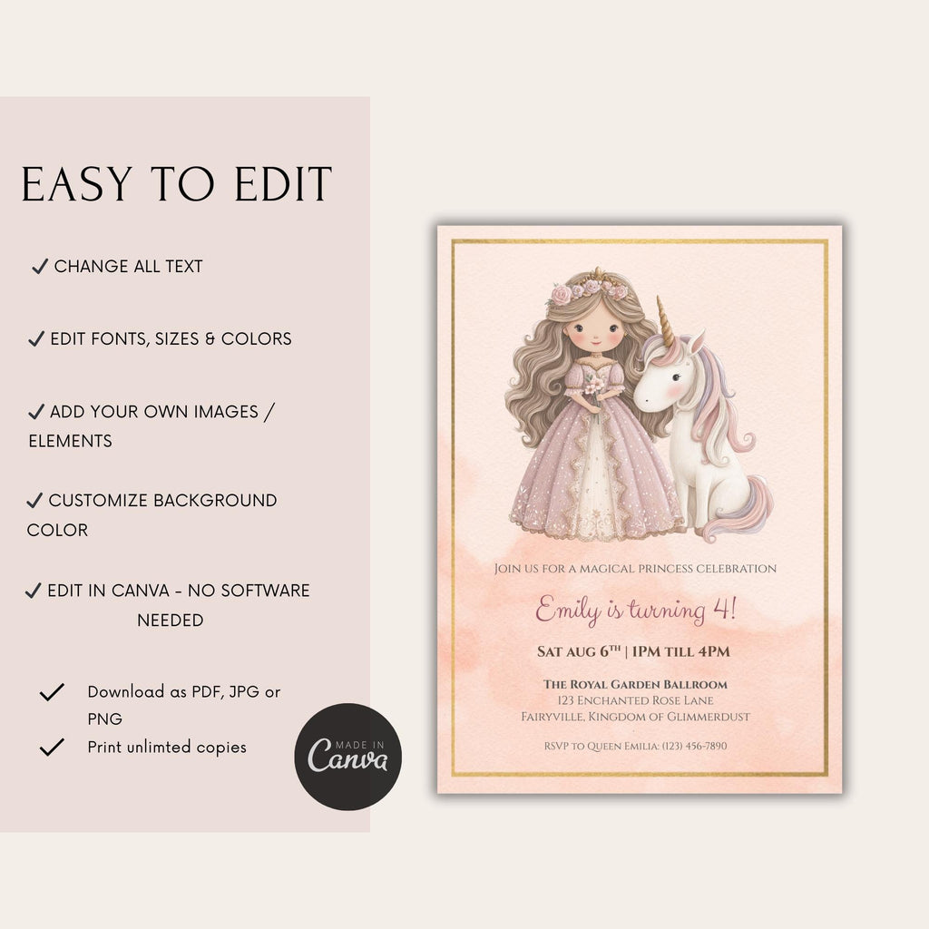 Elegant Princess Unicorn Kids Birthday Invitation