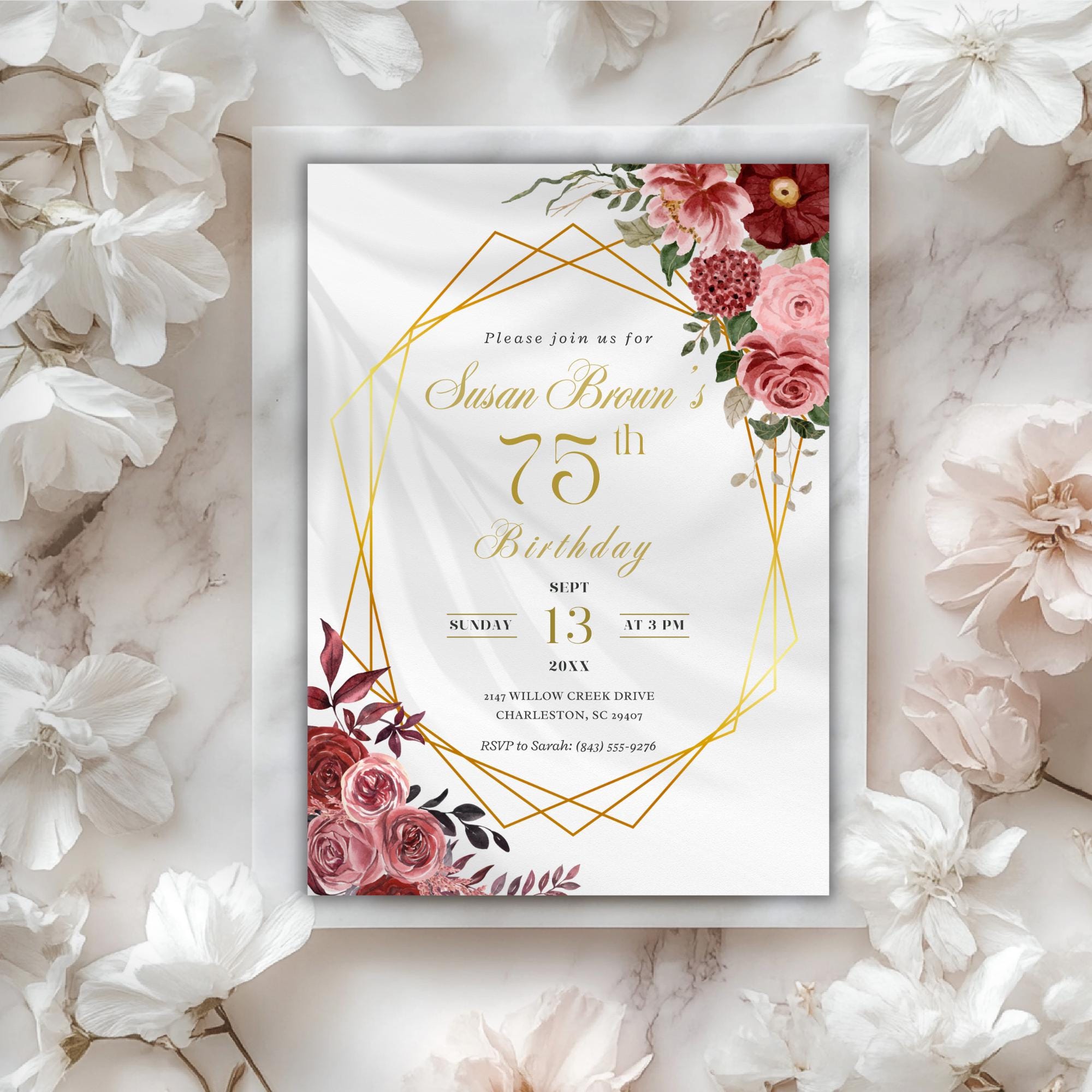 Elegant Gold Geometric Floral 75th Birthday Invitation