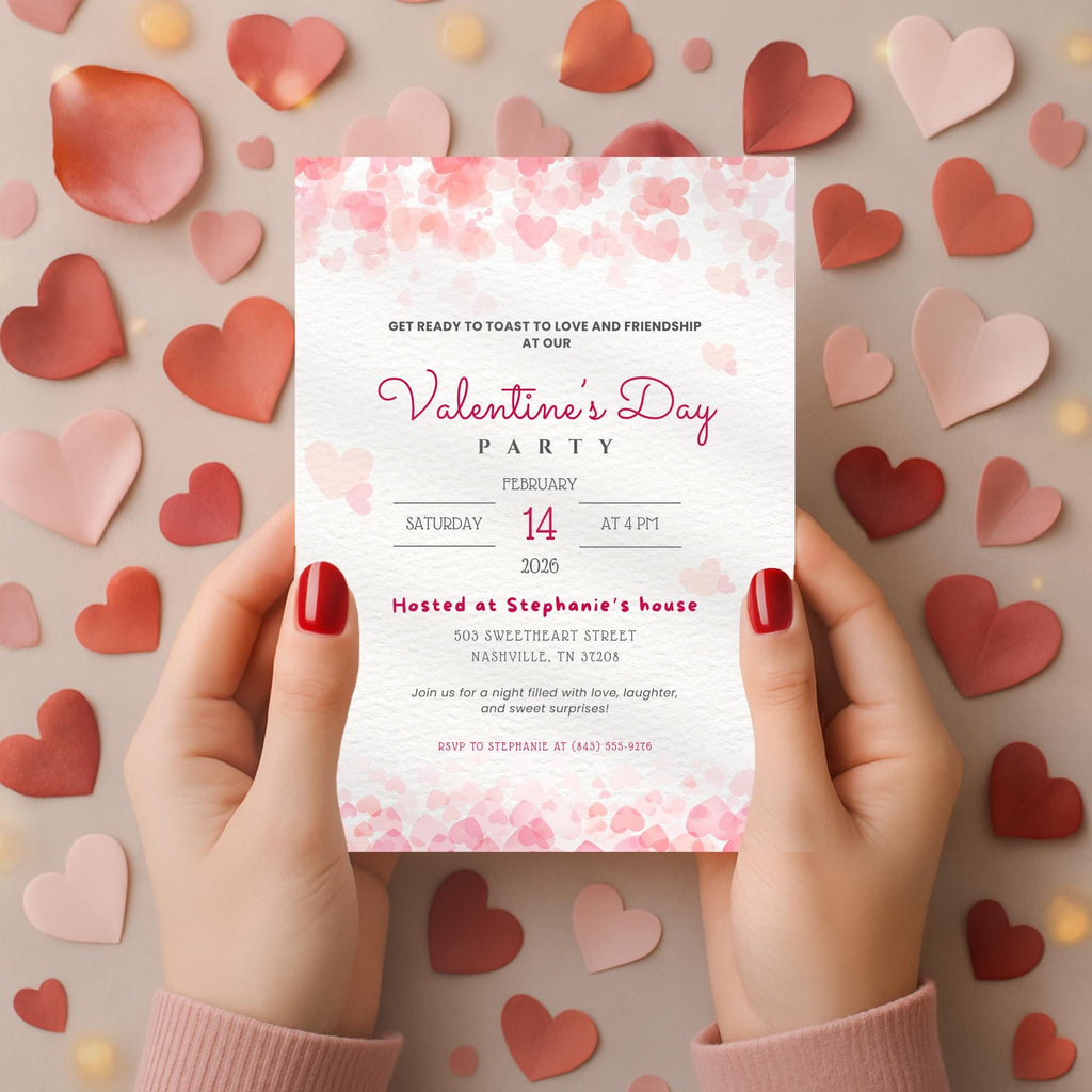 Pink Hearts Valentines Party Invitation
