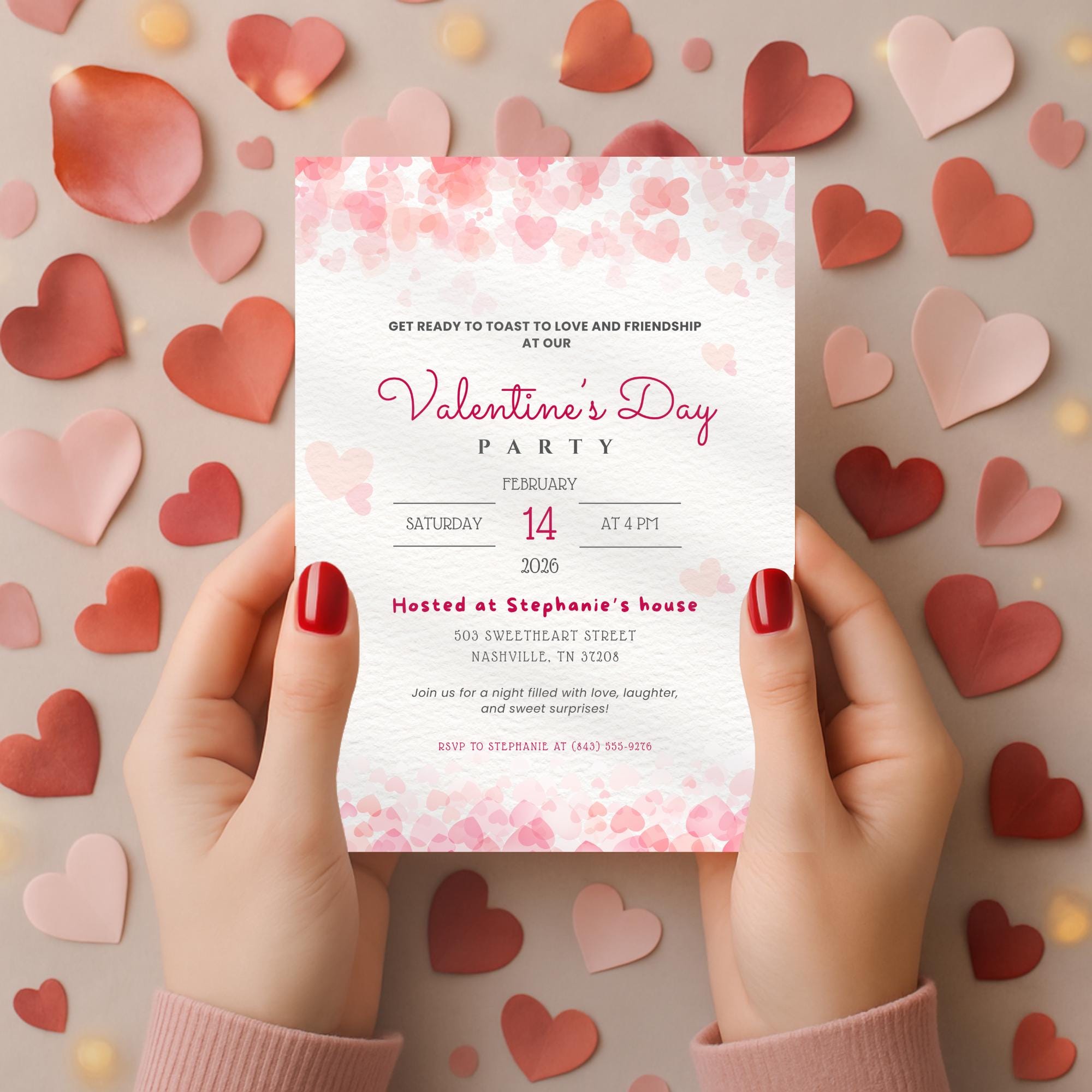 Pink Hearts Valentines Party Invitation