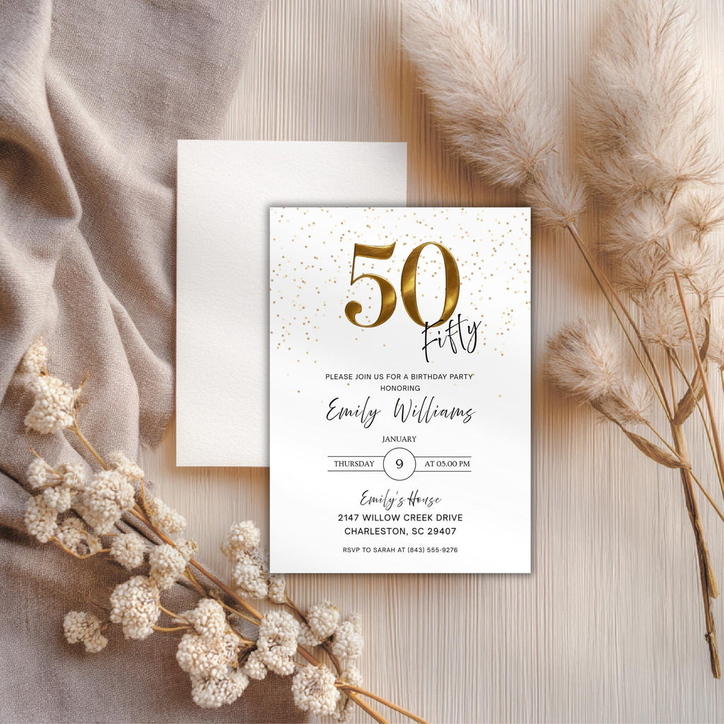 Minimal Gold Confetti 50th Birthday Invitation