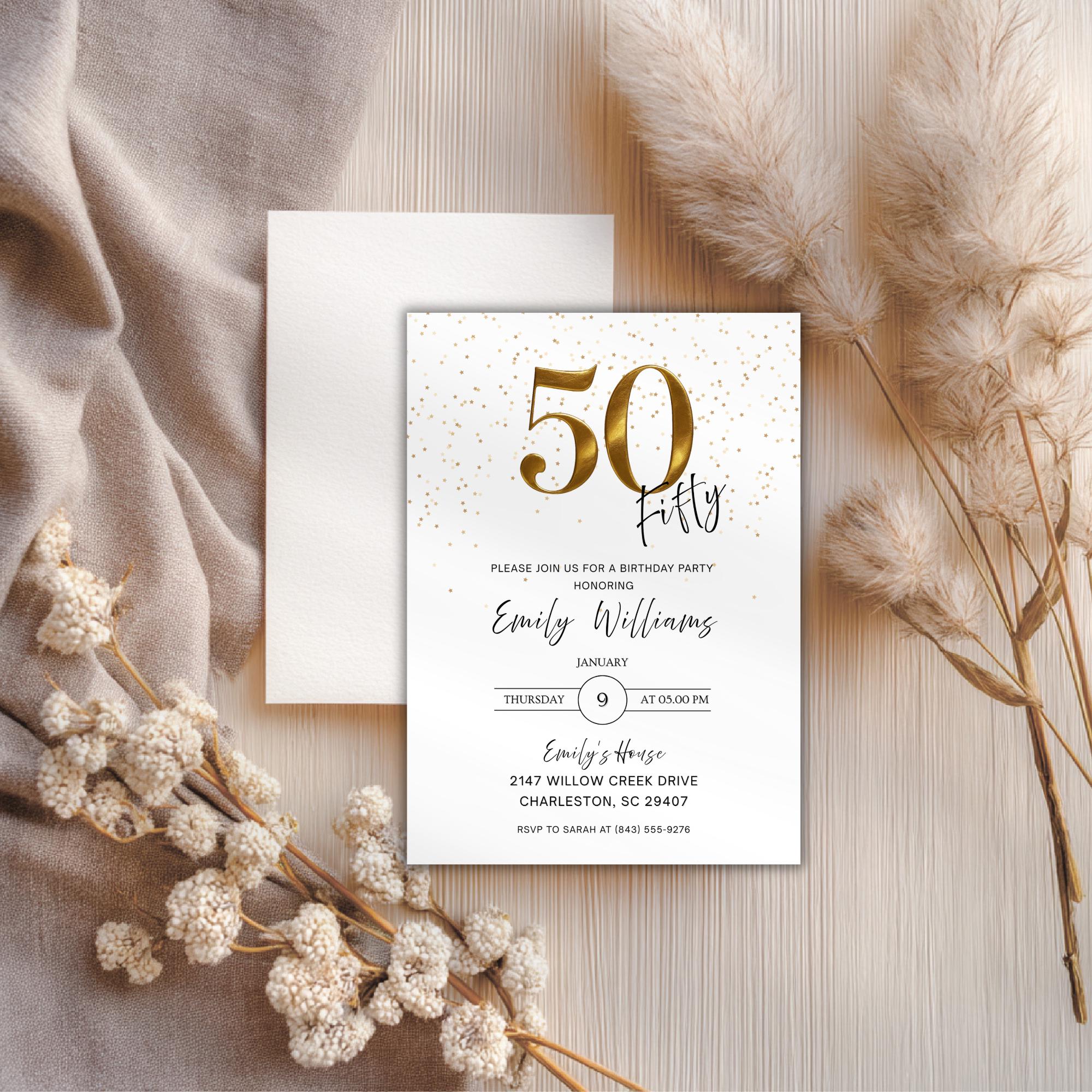 Minimal Gold Confetti 50th Birthday Invitation