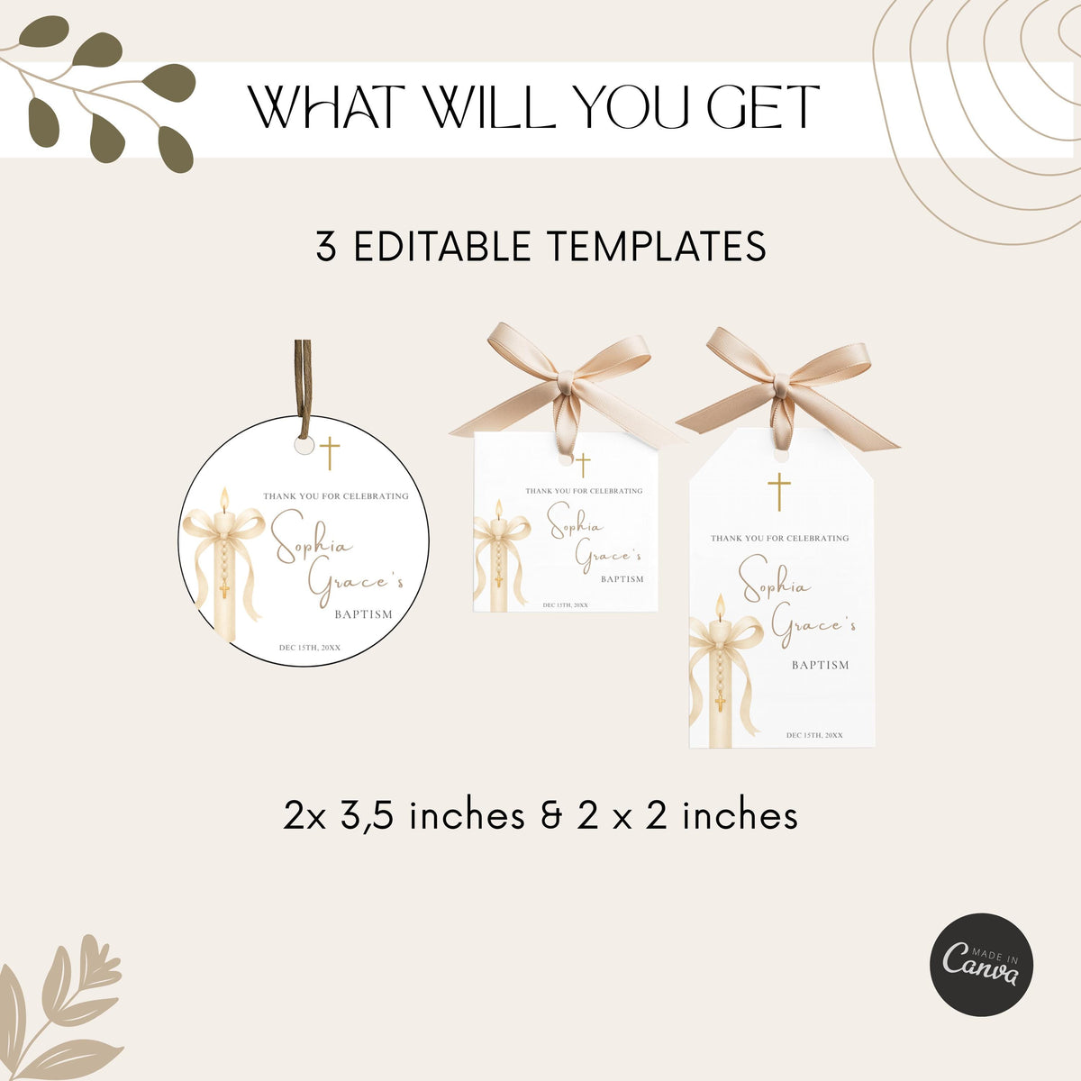 Gold Candle Baptism Favor Tags