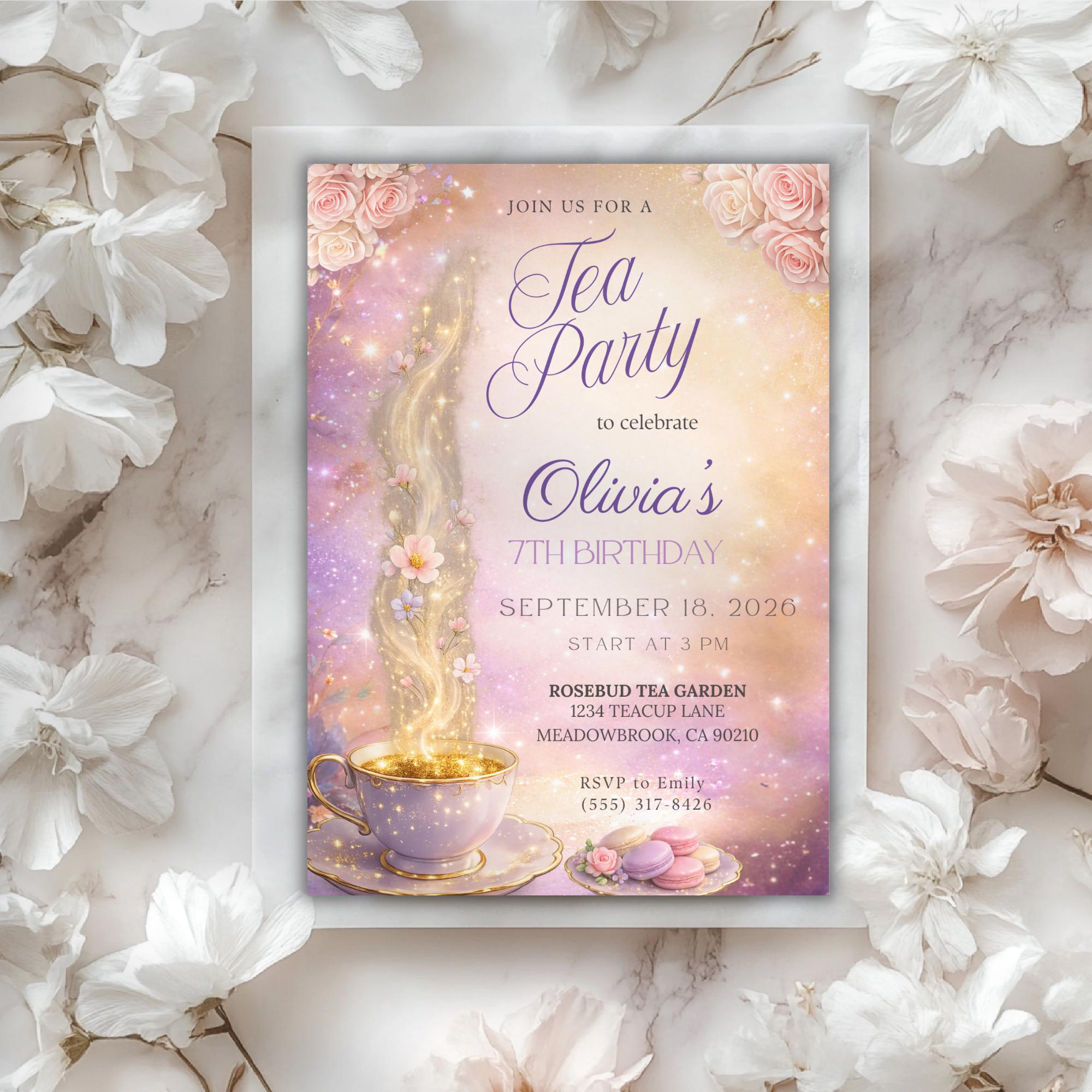 Magical Floral Tea Party Kids Birthday Invitation