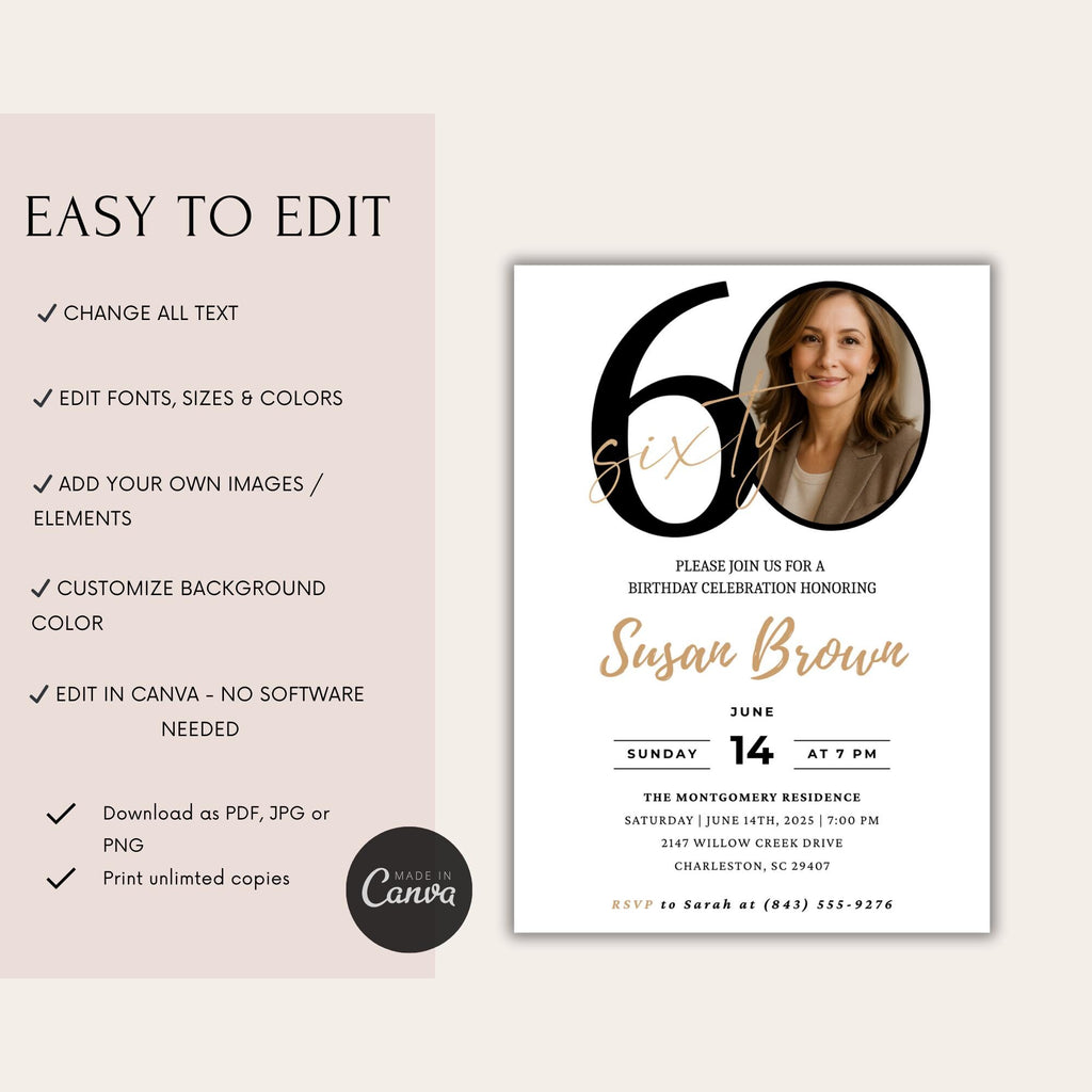 Modern 60th Birthday Invitation with Photo Number