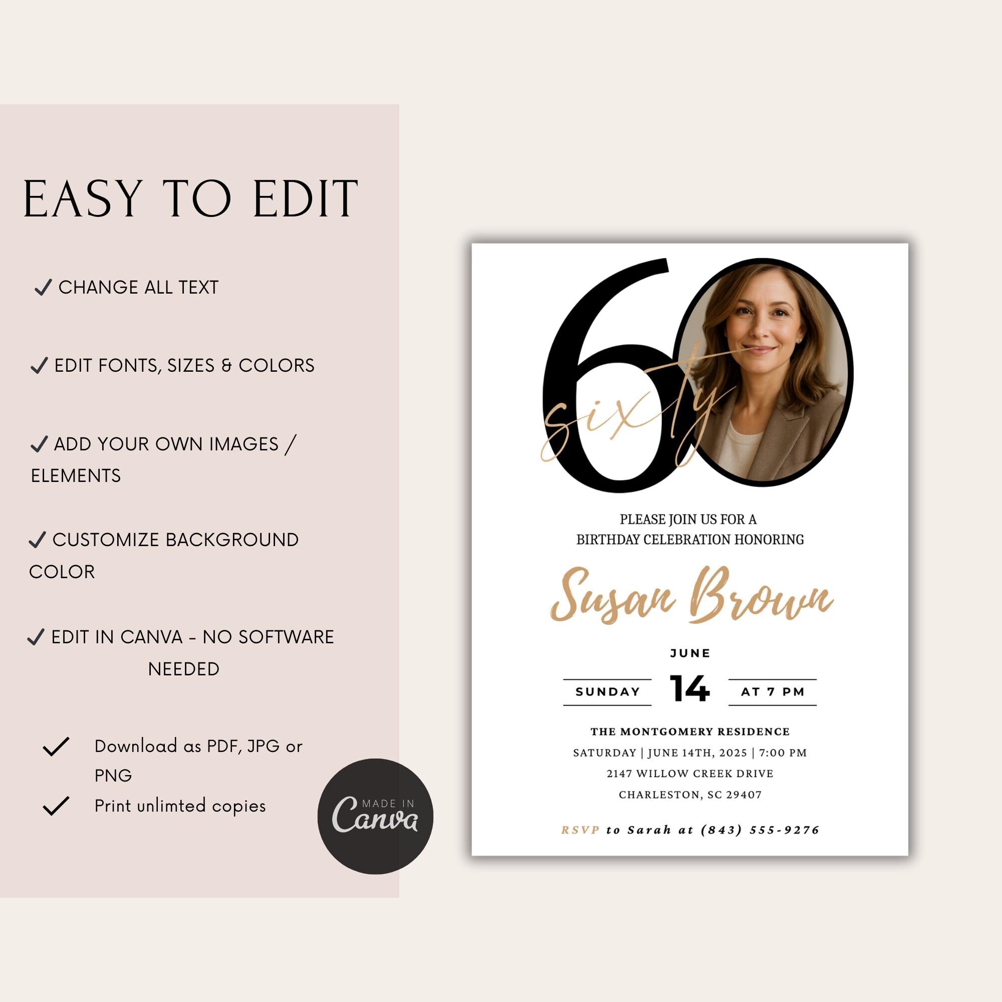 Modern 60th Birthday Invitation with Photo Number