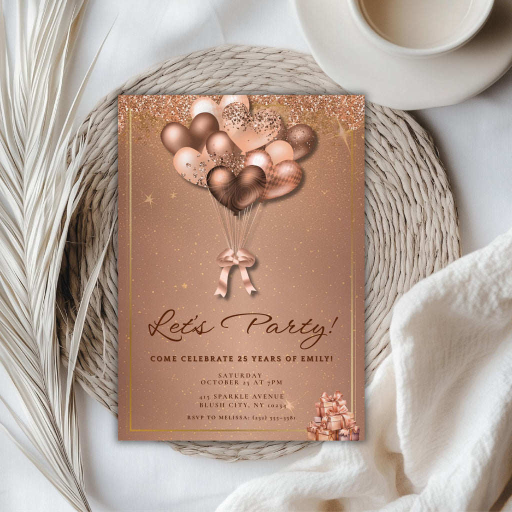 Rose Gold Balloon Elegant Birthday Invitation