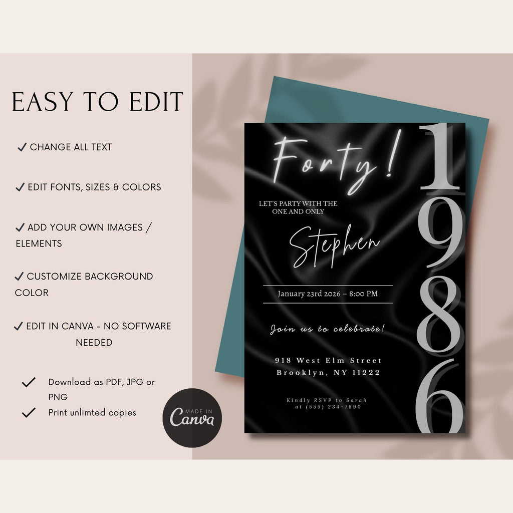 Elegant Black Satin 40th Birthday Invitation 1986