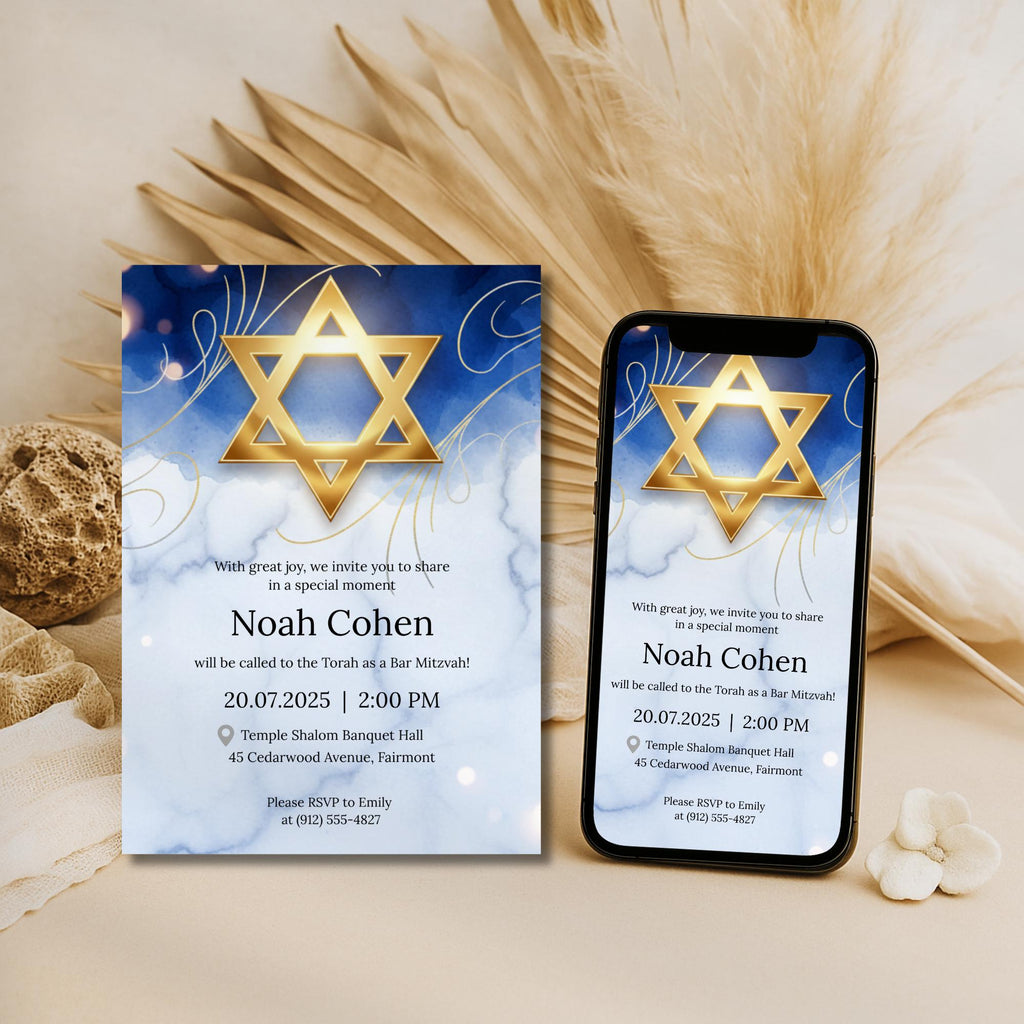 Gold Star of David Bar Mitzvah Invitation