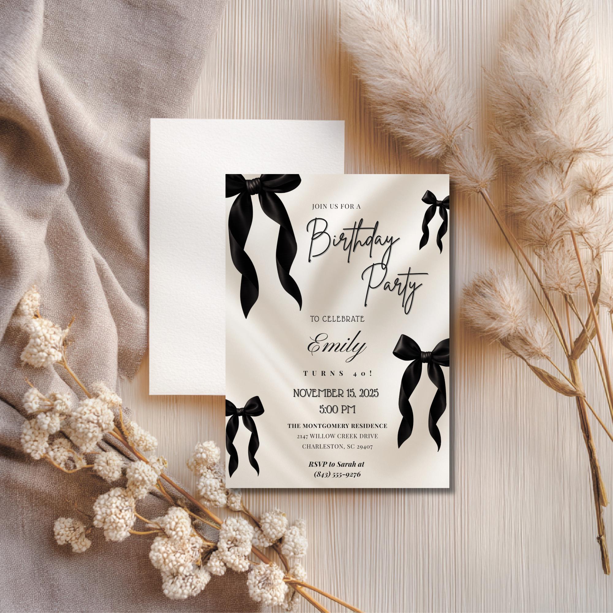 Elegant Black Bow 40th Birthday Invitation