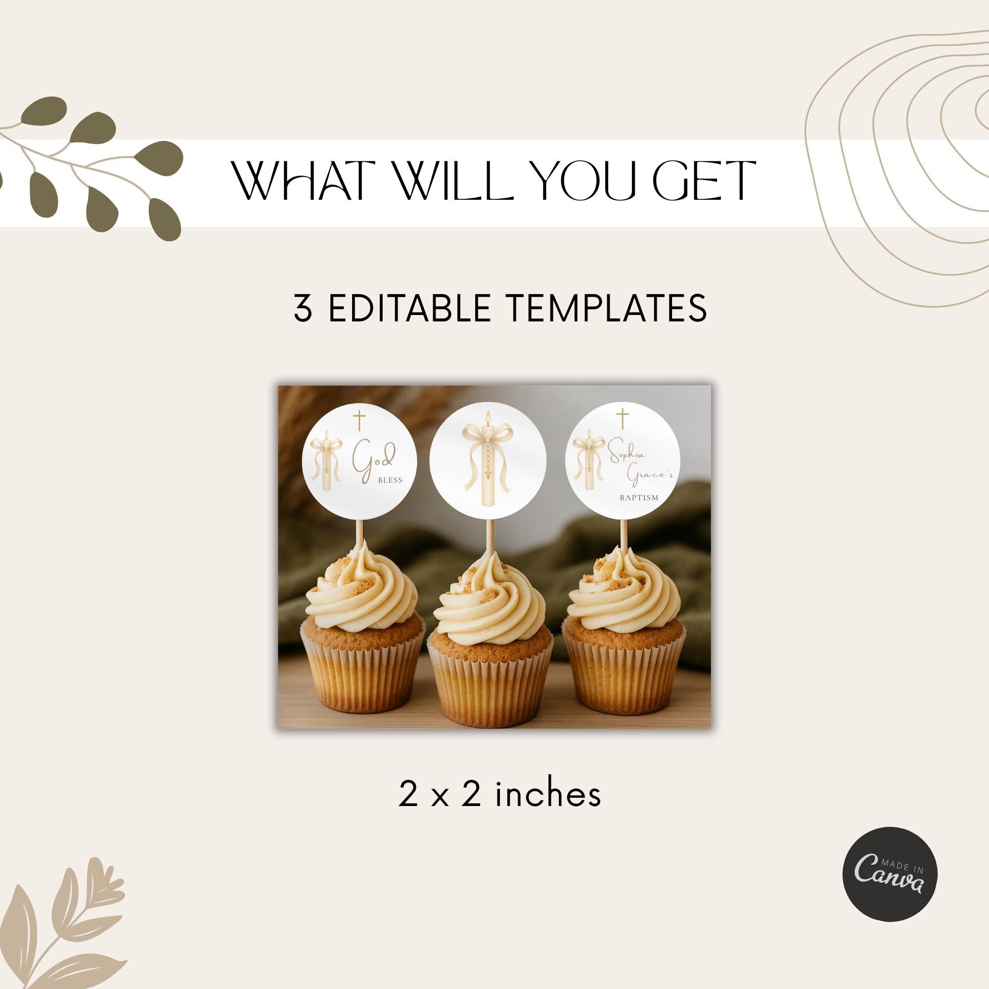 Gold Candle Baptism Cupcake Toppers