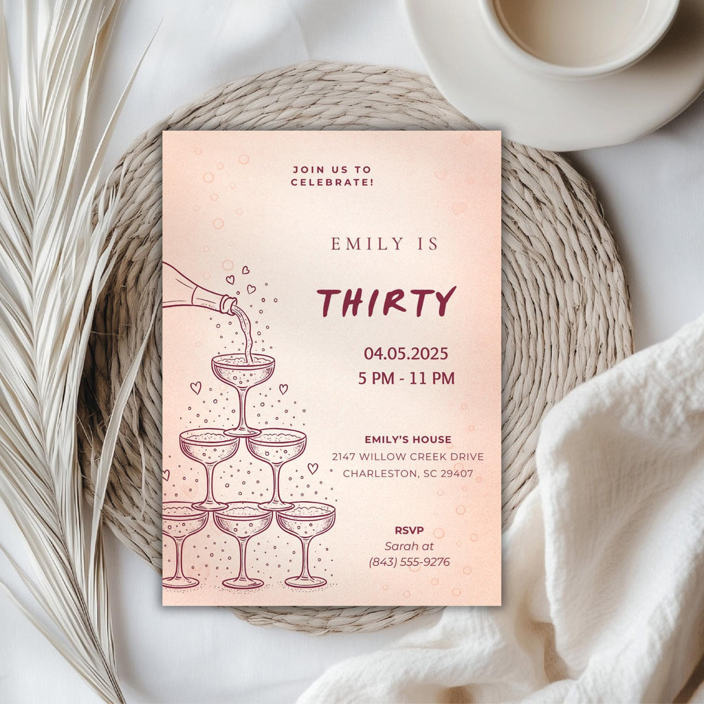 Minimalist Champagne Tower 30th Birthday Invitation