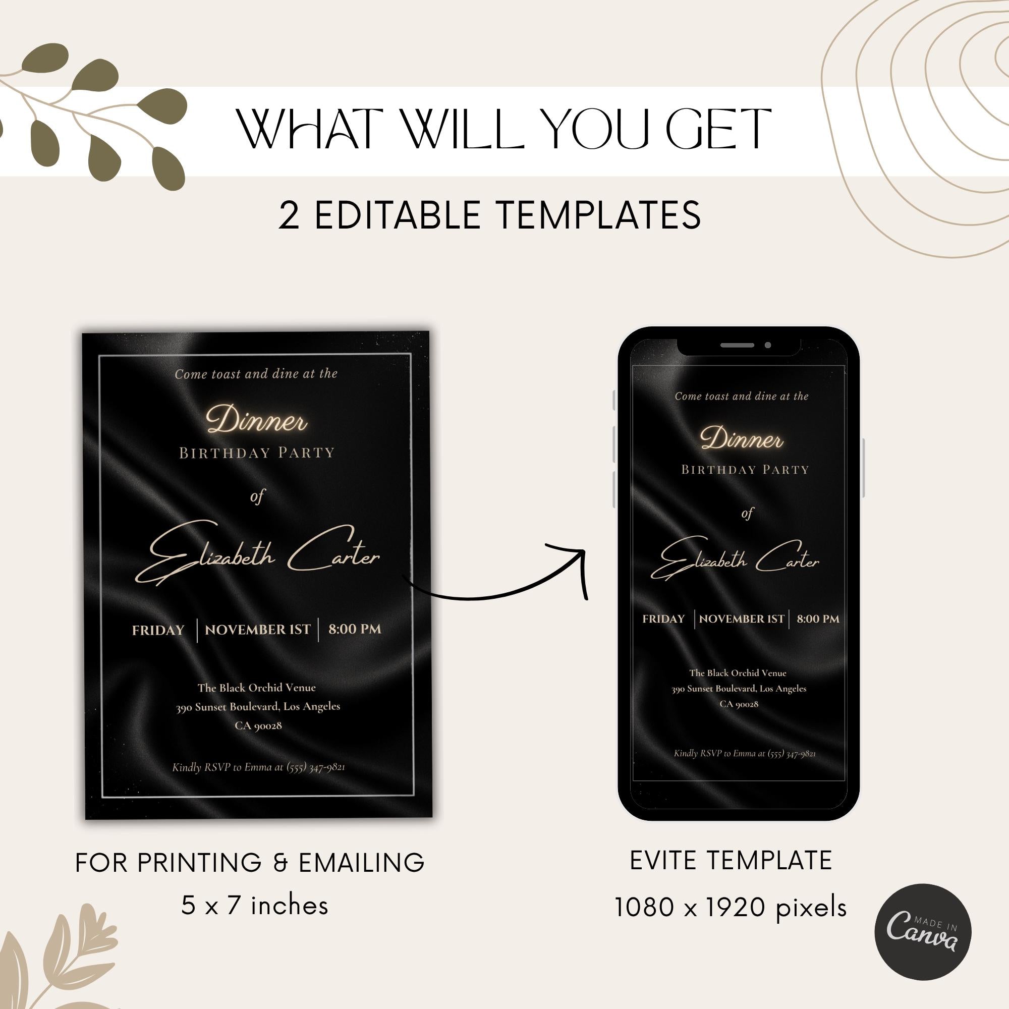 Elegant Black Satin Dinner Birthday Invitation