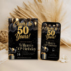 Elegant Black Gold Balloon 50th Birthday Invitation