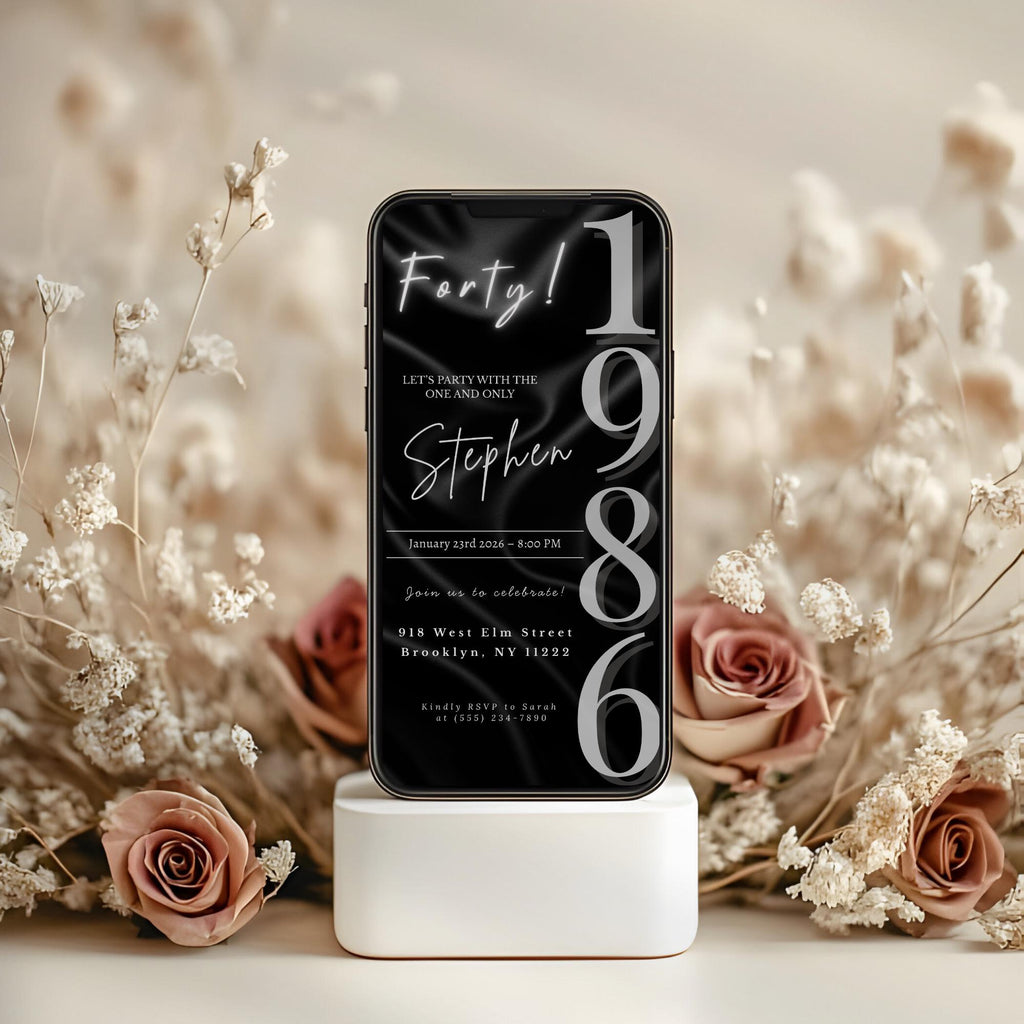 Elegant Black Satin 40th Birthday Invitation 1986