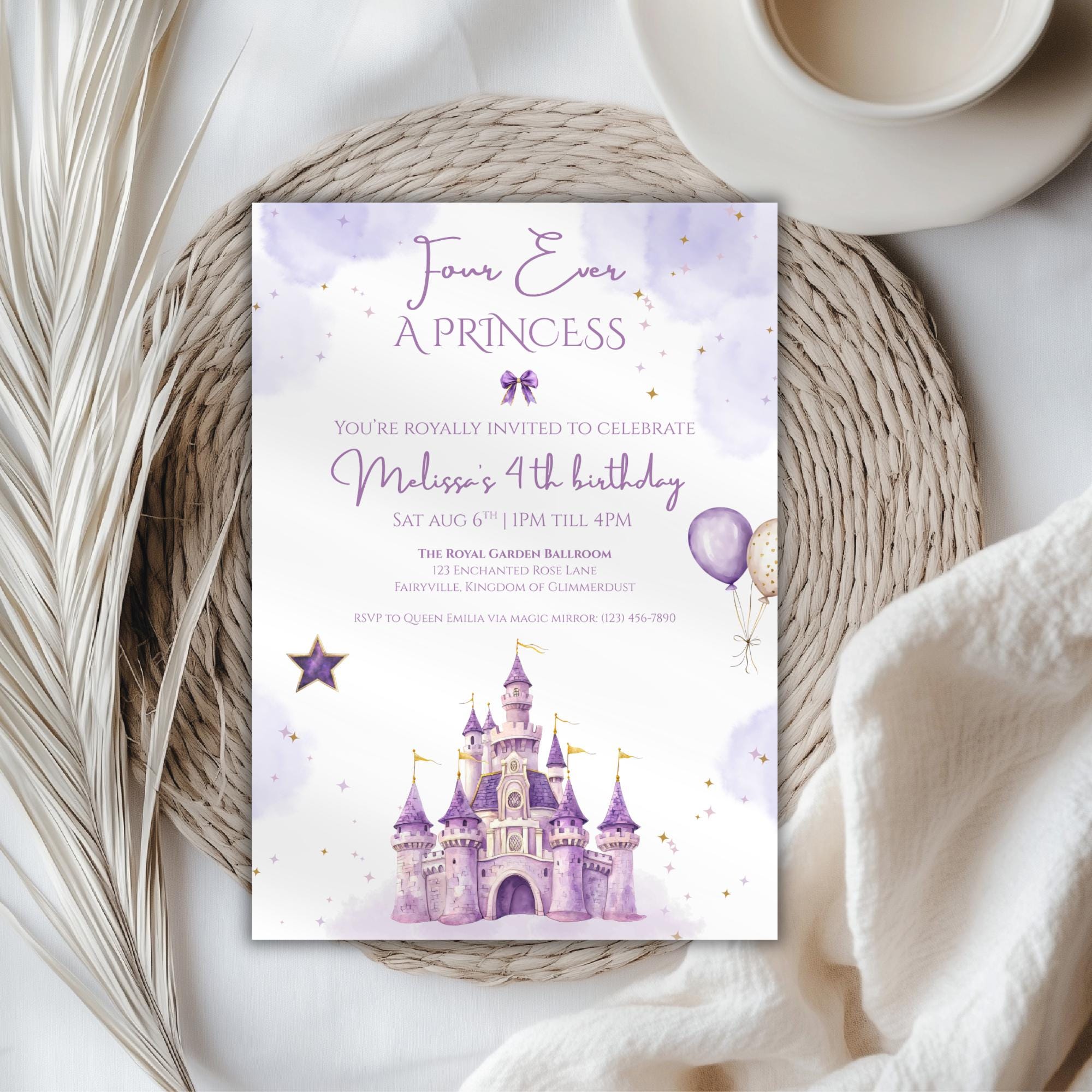 Purple Watercolor Princess Castle Birthday Invitation