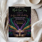 Mardi Gras Feather Mask Birthday Invitation