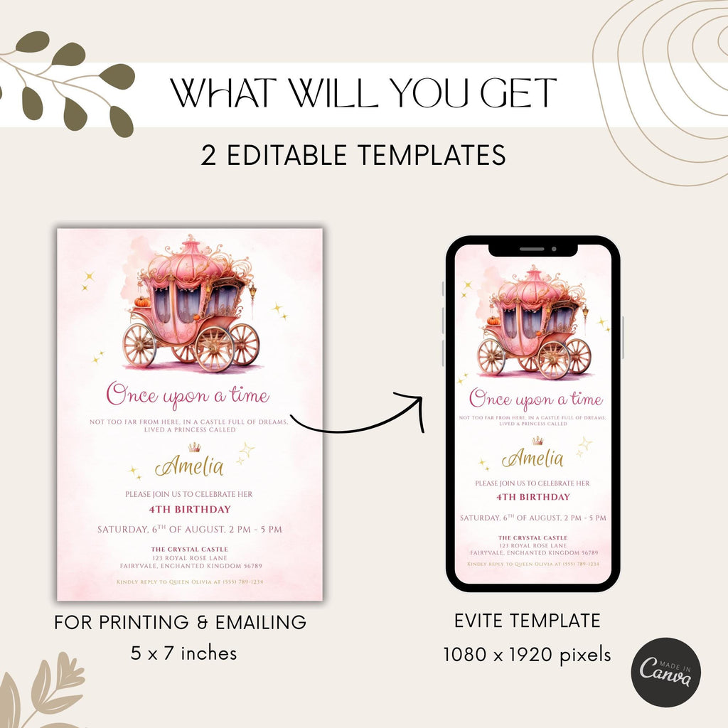 Watercolor Fairytale Princess Carriage Birthday Invitation