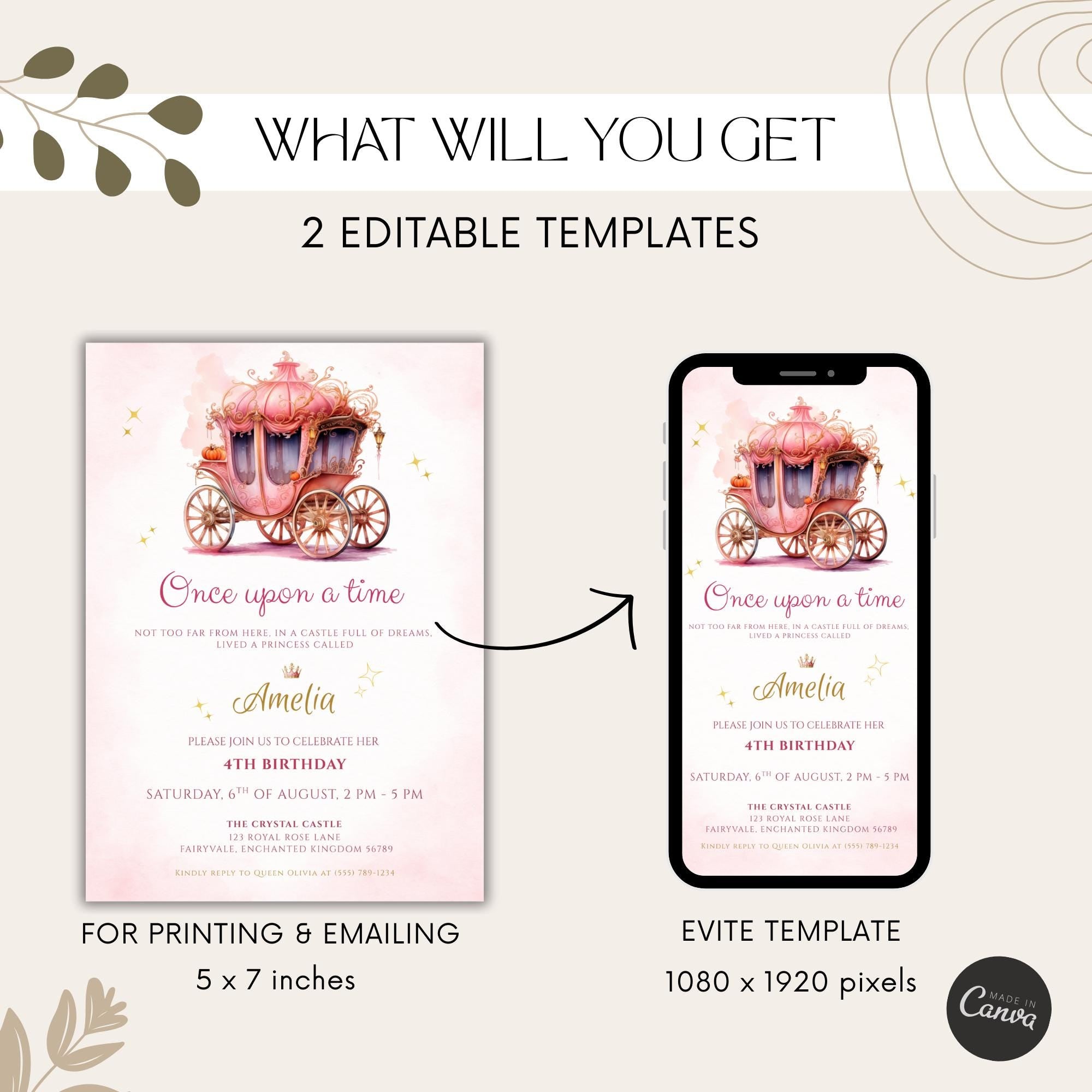 Watercolor Fairytale Princess Carriage Birthday Invitation