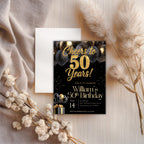 Elegant Black Gold Balloon 50th Birthday Invitation