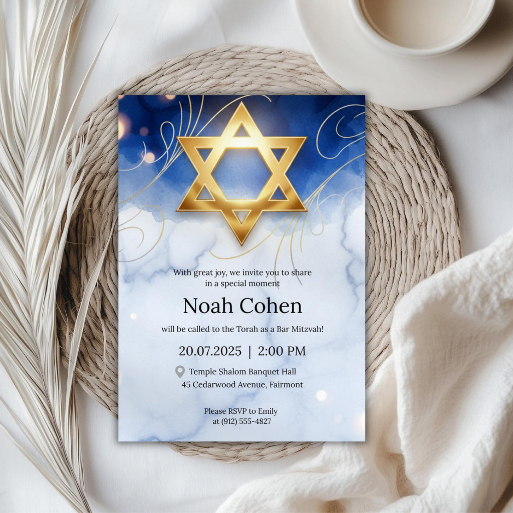 Gold Star of David Bar Mitzvah Invitation