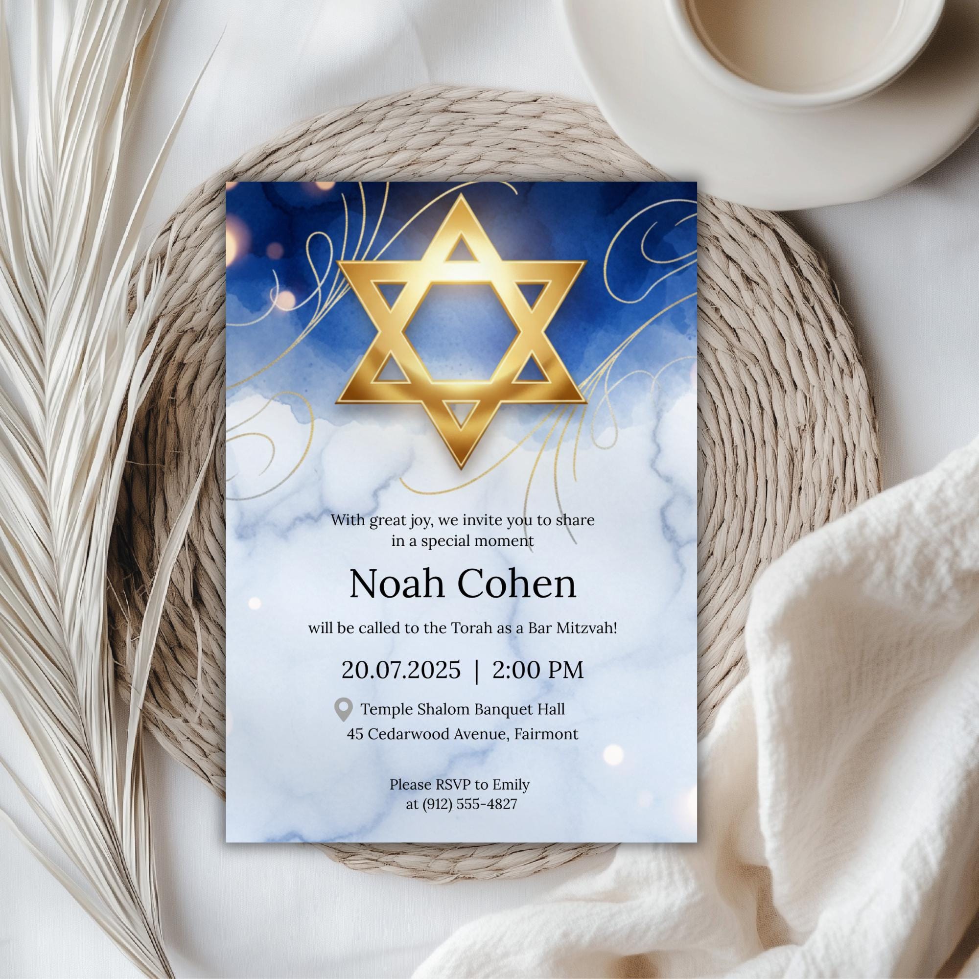 Gold Star of David Bar Mitzvah Invitation