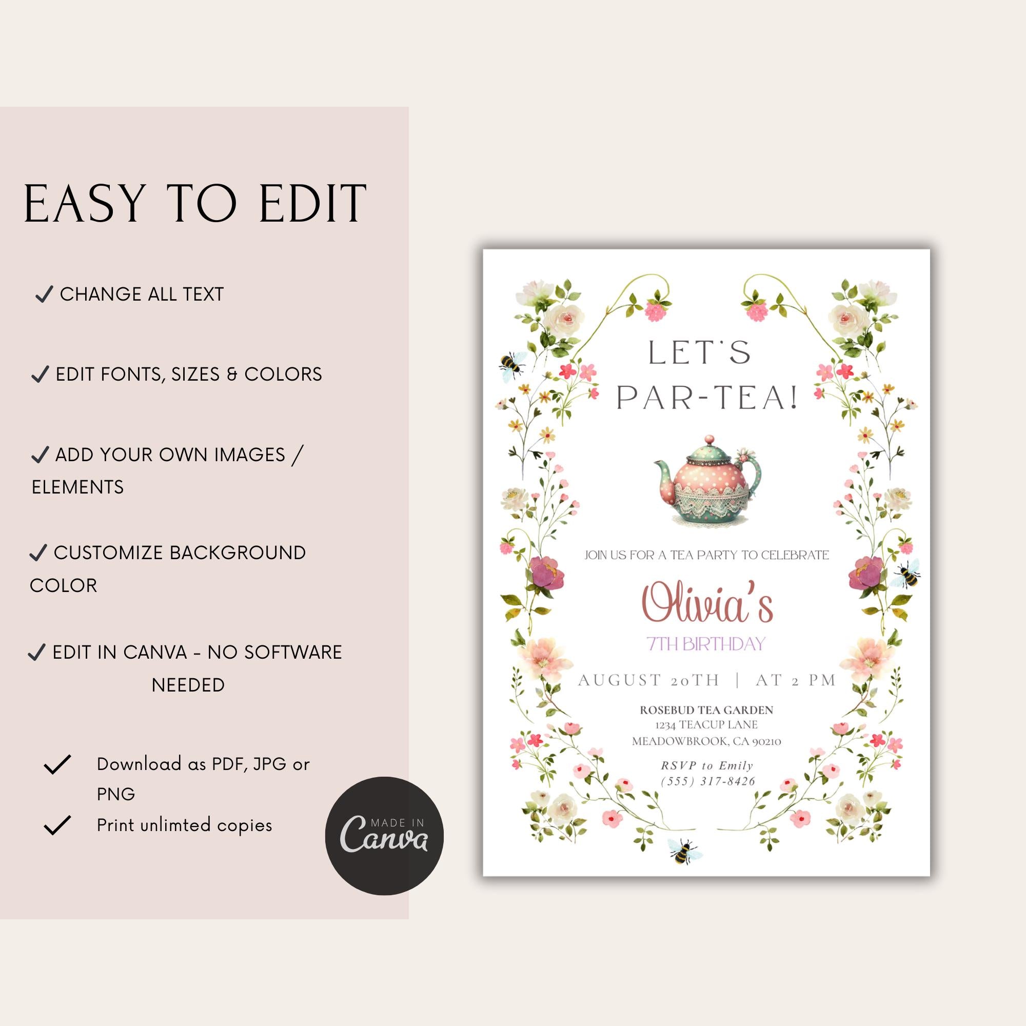 Watercolor Floral Tea Party Kids Birthday Invitation