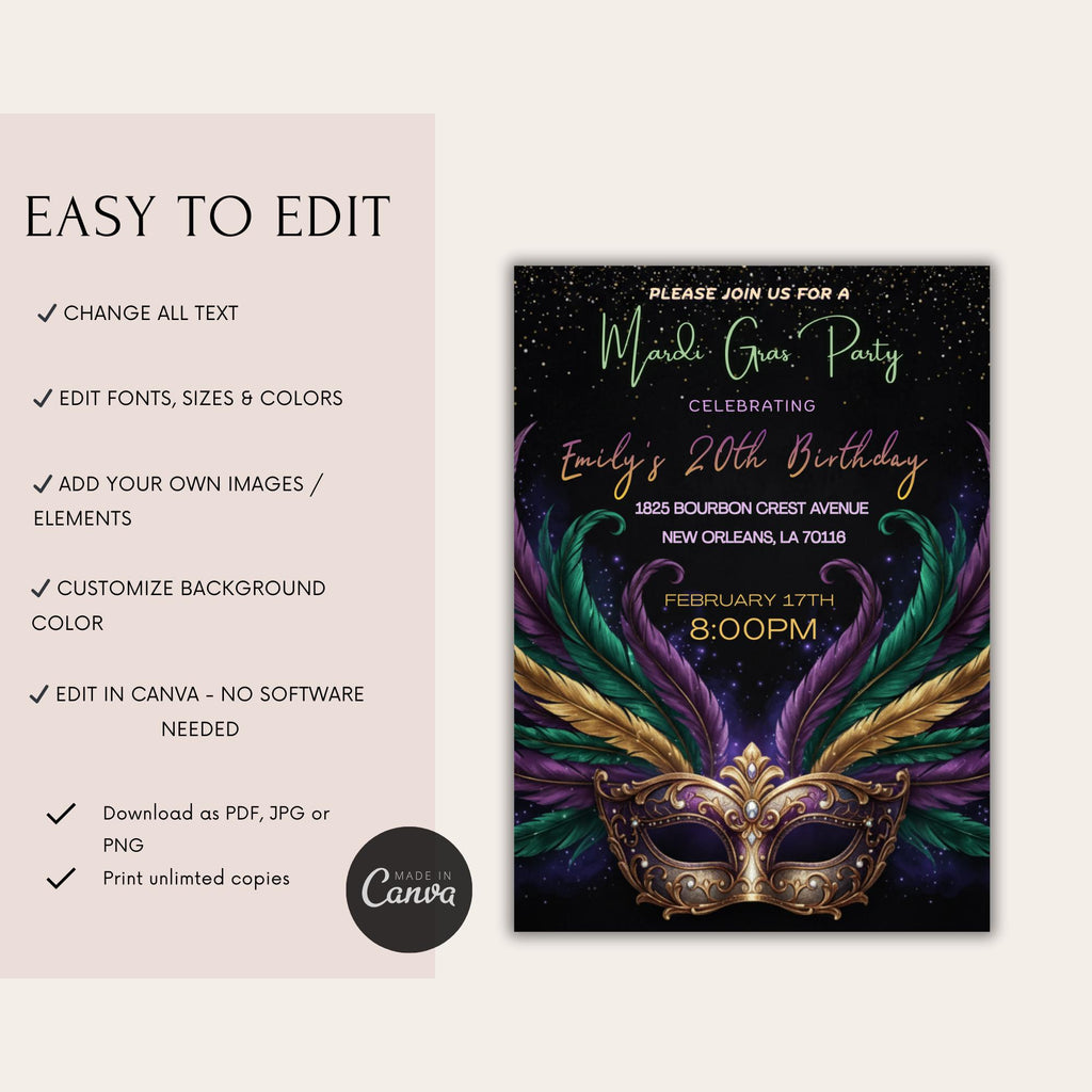 Mardi Gras Feather Mask Birthday Invitation