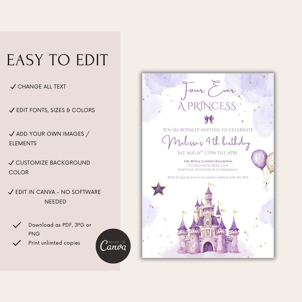 Purple Watercolor Princess Castle Birthday Invitation