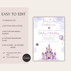 Purple Watercolor Princess Castle Birthday Invitation