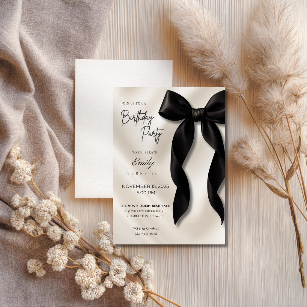 Black Bow Birthday Invitation