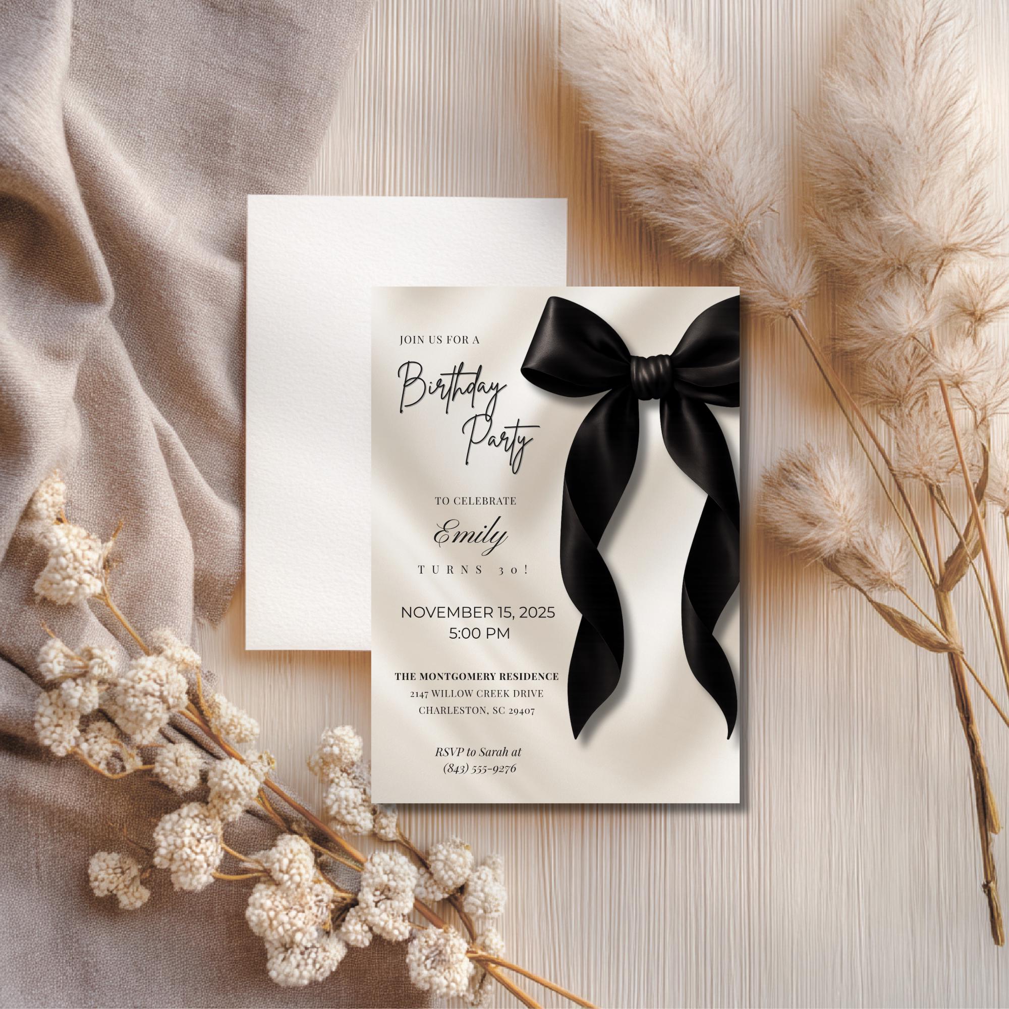 Black Bow Birthday Invitation