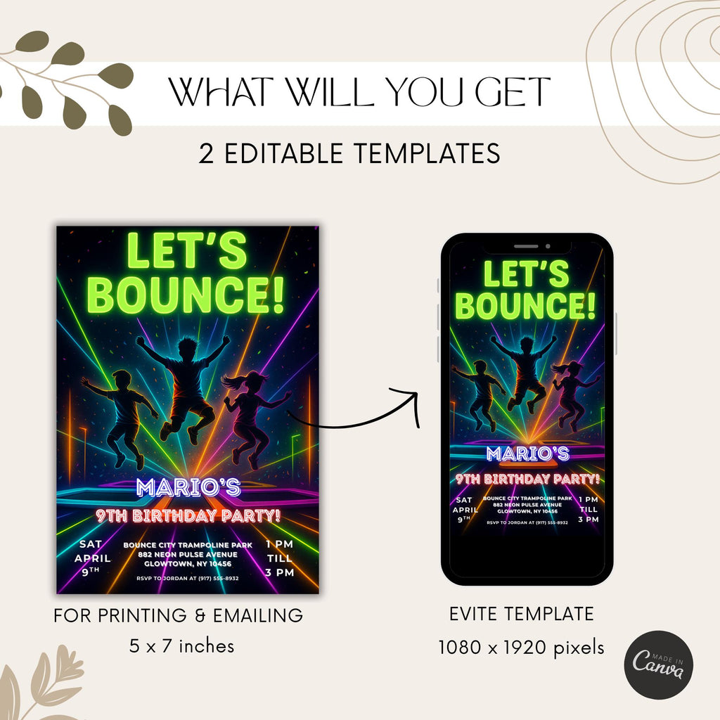 Neon Trampoline Park Kids Birthday Invitation