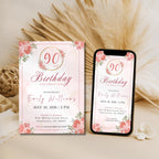 Elegant Pink Gold Floral 90th Birthday Invitation