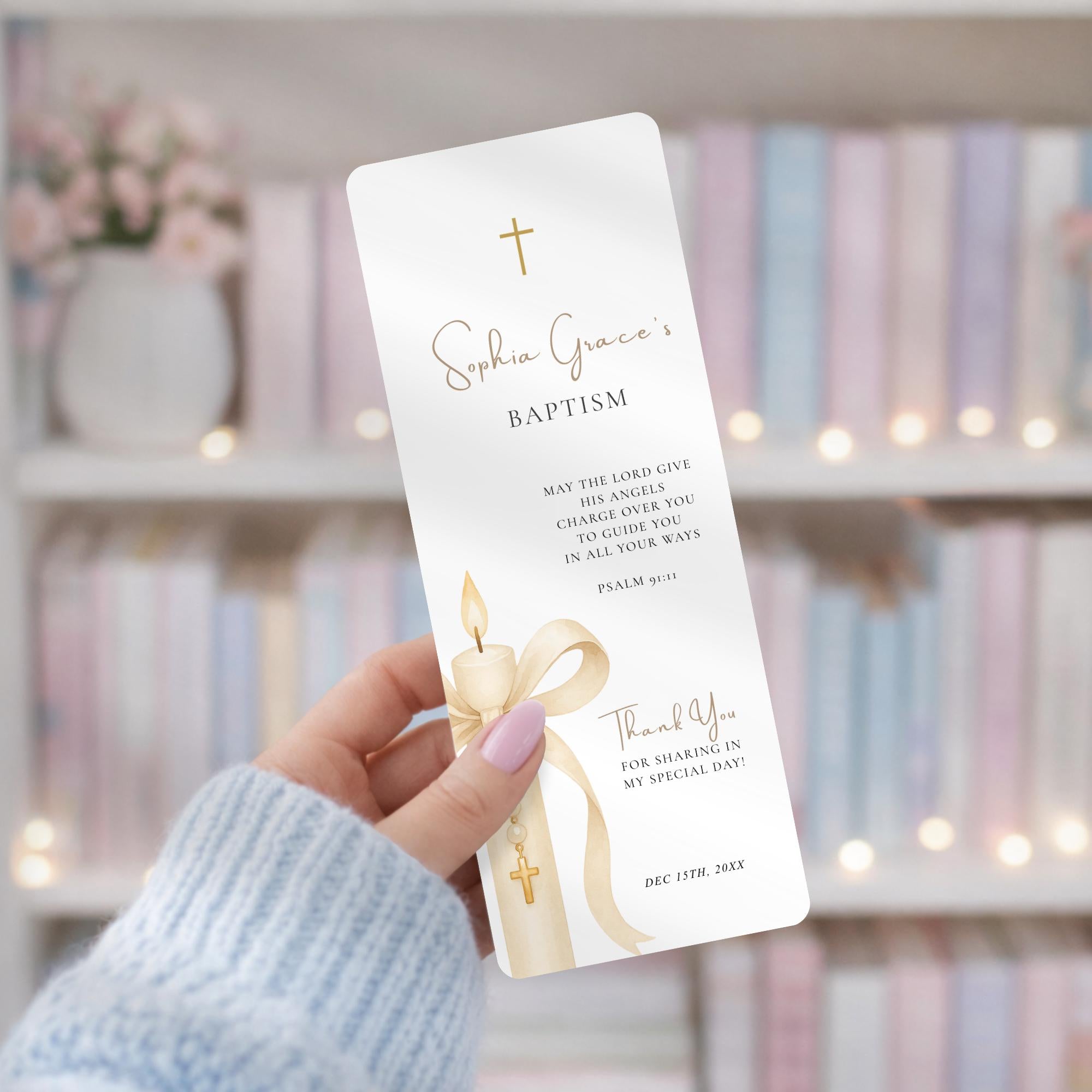 Gold Candle Baptism Bookmark Favor
