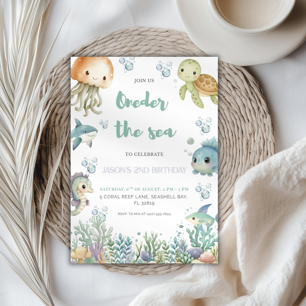 Under the Sea Watercolor First Birthday Invitation