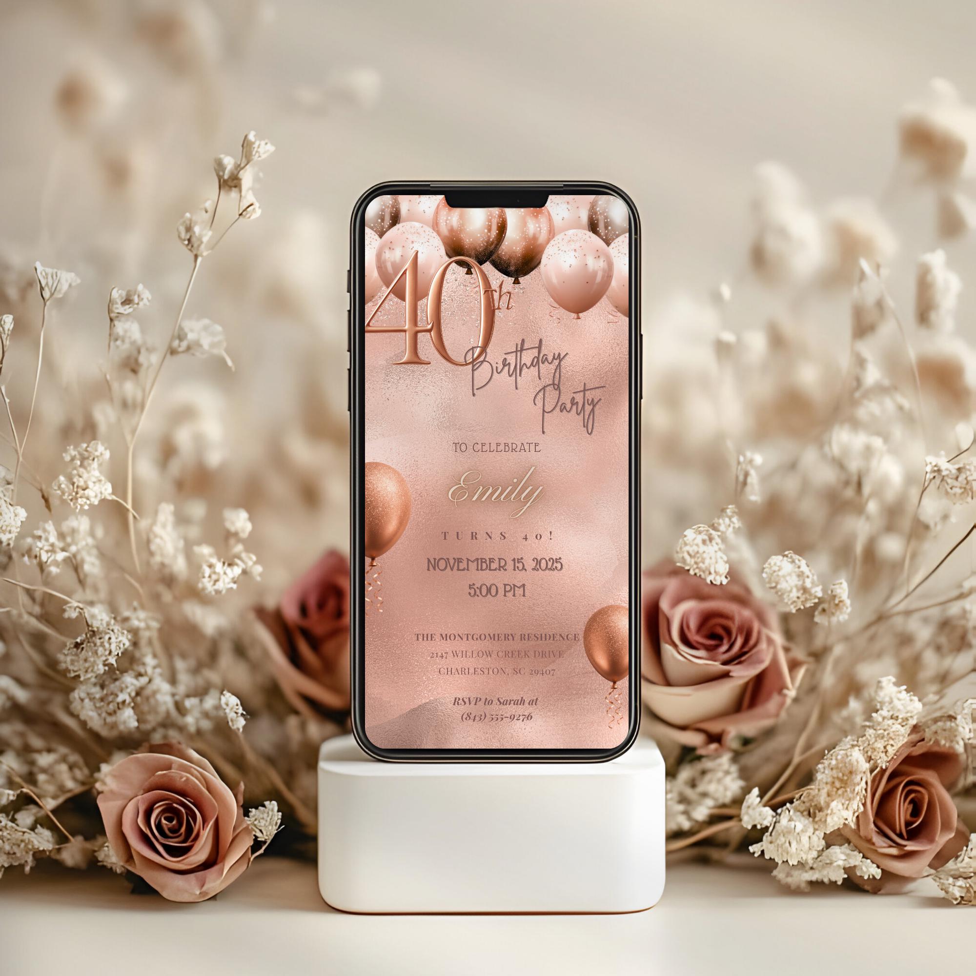 Rose Gold Balloon Birthday Invitation