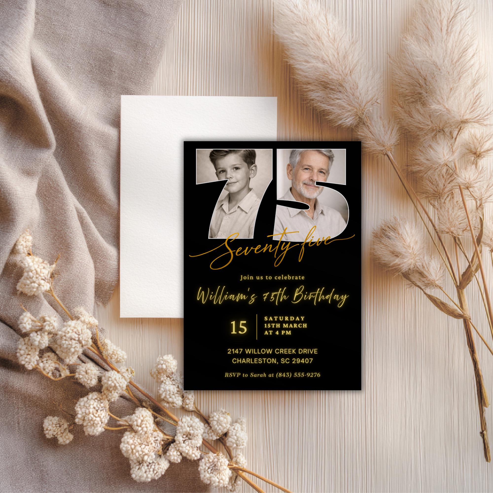 Black & Gold 75th Birthday Invitation with Photo Number