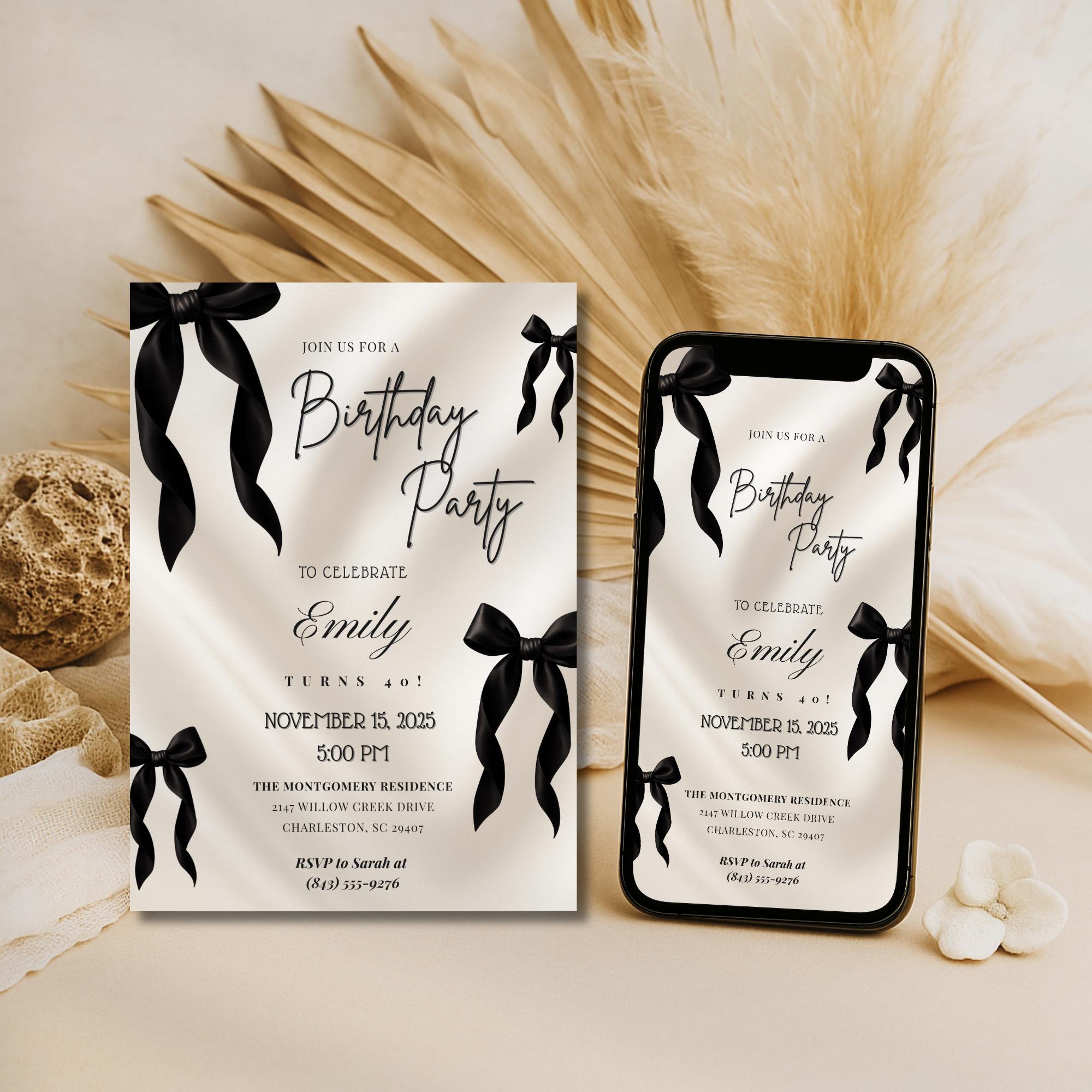 Elegant Black Bow 40th Birthday Invitation