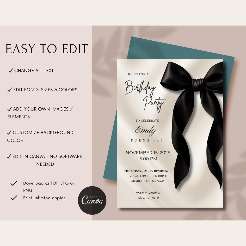 Black Bow Birthday Invitation