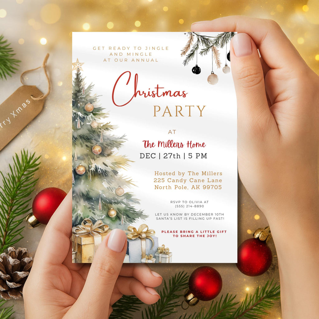 Watercolor Christmas Tree Party Invitation