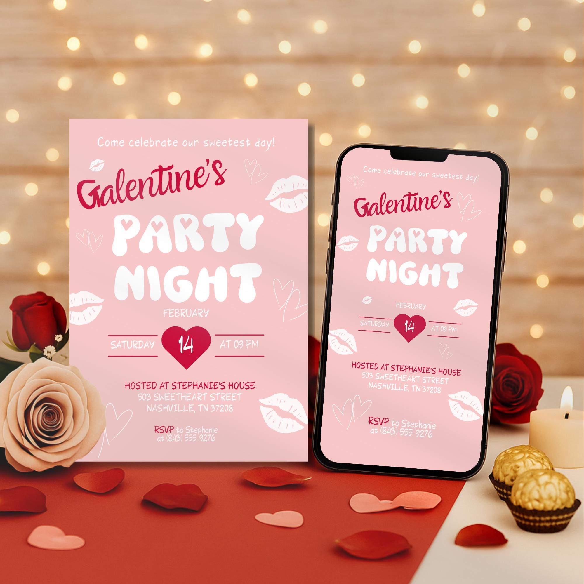 Pink Galentine's Party Night Invitation