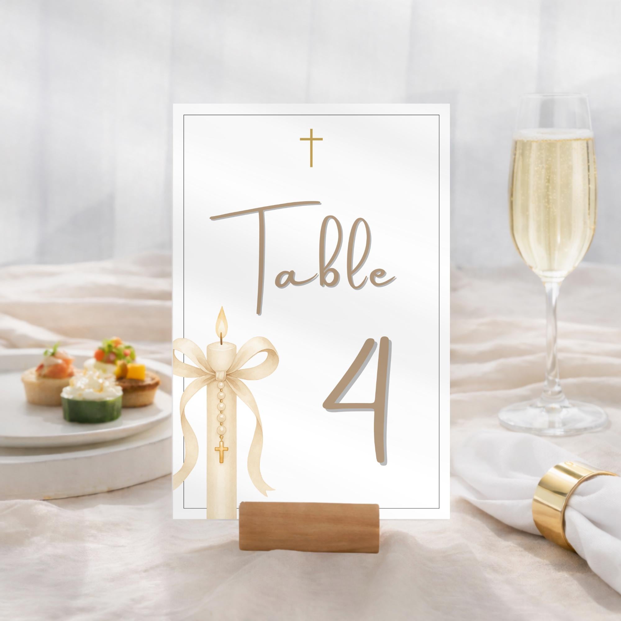 Gold Candle Baptism Table Number Cards